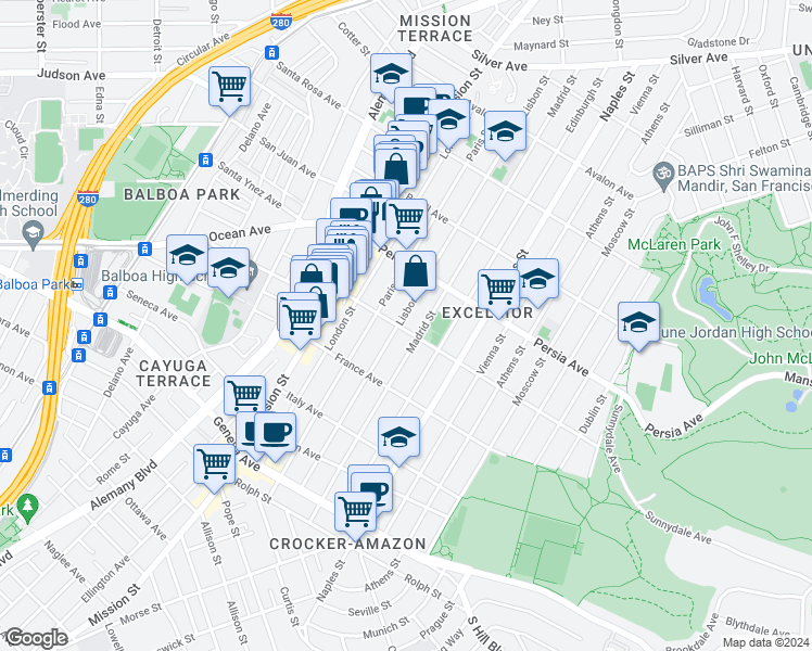 map of restaurants, bars, coffee shops, grocery stores, and more near 305 Russia Avenue in San Francisco