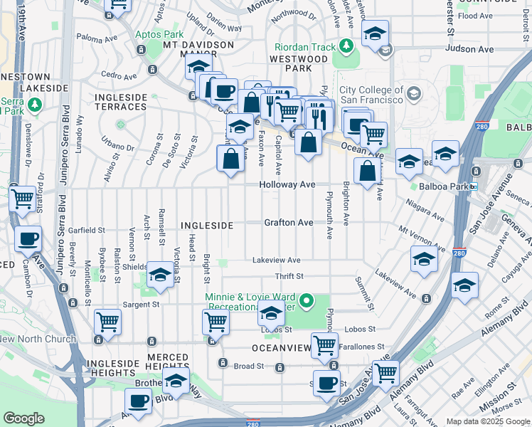 map of restaurants, bars, coffee shops, grocery stores, and more near 322 Faxon Avenue in San Francisco