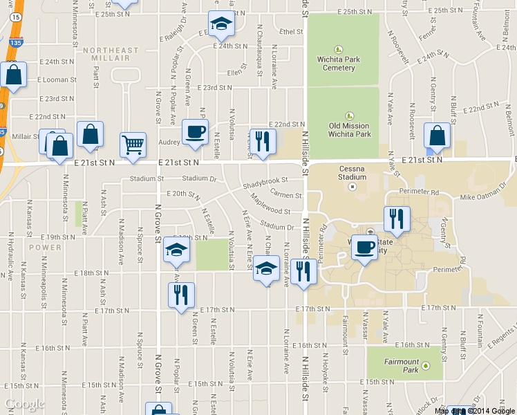 map of restaurants, bars, coffee shops, grocery stores, and more near 2929 E Maplewood St in Wichita