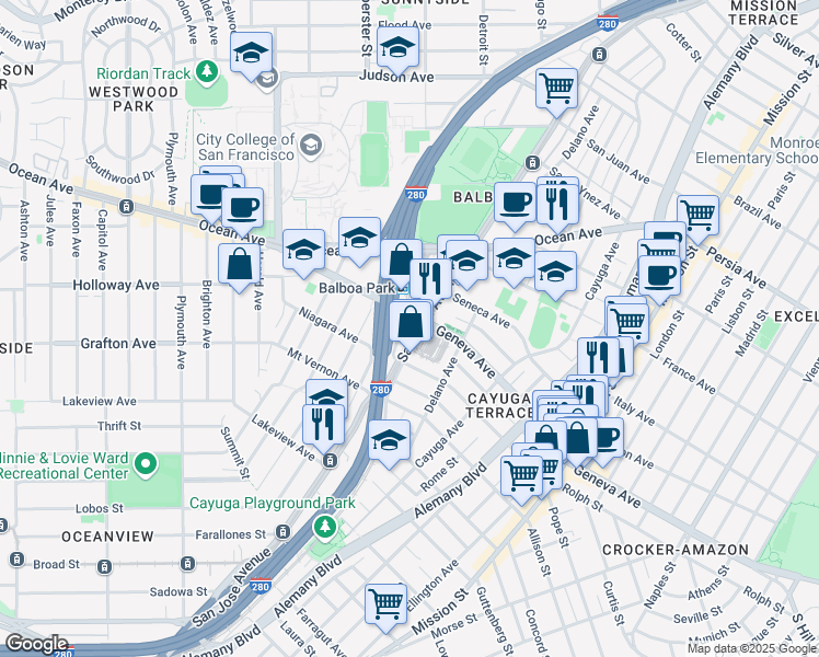 map of restaurants, bars, coffee shops, grocery stores, and more near 2340 San Jose Avenue in San Francisco