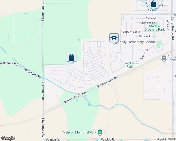 map of restaurants, bars, coffee shops, grocery stores, and more near 2836 Daisy Lane in Tracy