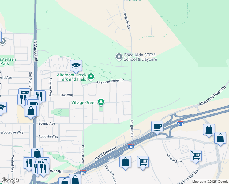 map of restaurants, bars, coffee shops, grocery stores, and more near 1398 Fairbrook Court in Livermore