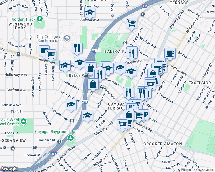 map of restaurants, bars, coffee shops, grocery stores, and more near 650 Delano Avenue in San Francisco