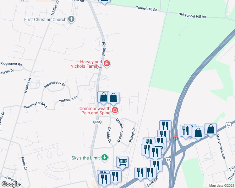 map of restaurants, bars, coffee shops, grocery stores, and more near 1107 Northridge Drive in Elizabethtown