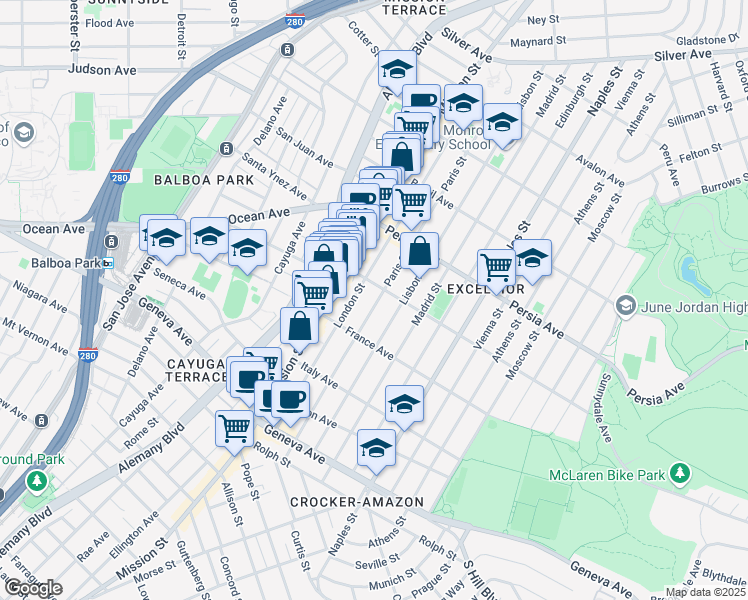 map of restaurants, bars, coffee shops, grocery stores, and more near 522A Paris Street in San Francisco