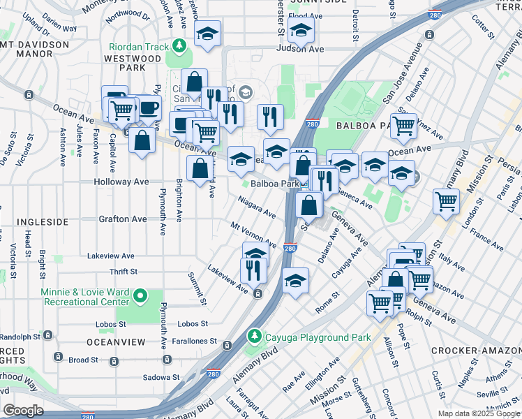 map of restaurants, bars, coffee shops, grocery stores, and more near Niagara Ave & Louisburg St in San Francisco