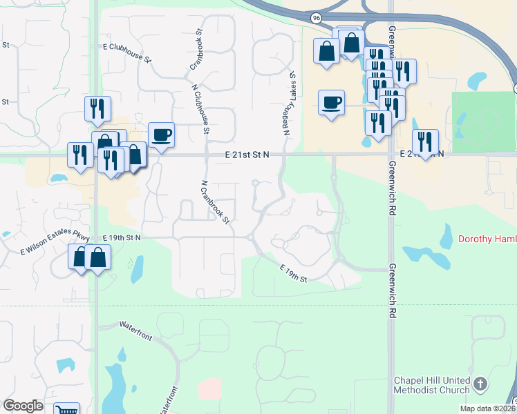 map of restaurants, bars, coffee shops, grocery stores, and more near Chateau Parkway North in Wichita