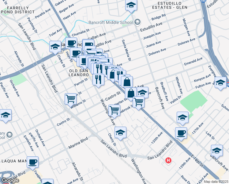 map of restaurants, bars, coffee shops, grocery stores, and more near 60 Castro Street in San Leandro