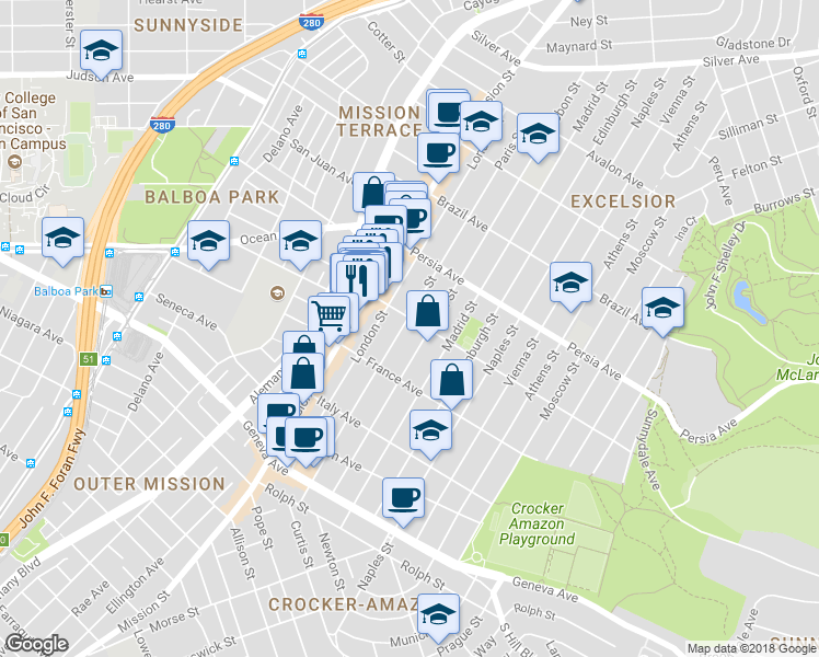 map of restaurants, bars, coffee shops, grocery stores, and more near 522A Paris Street in San Francisco