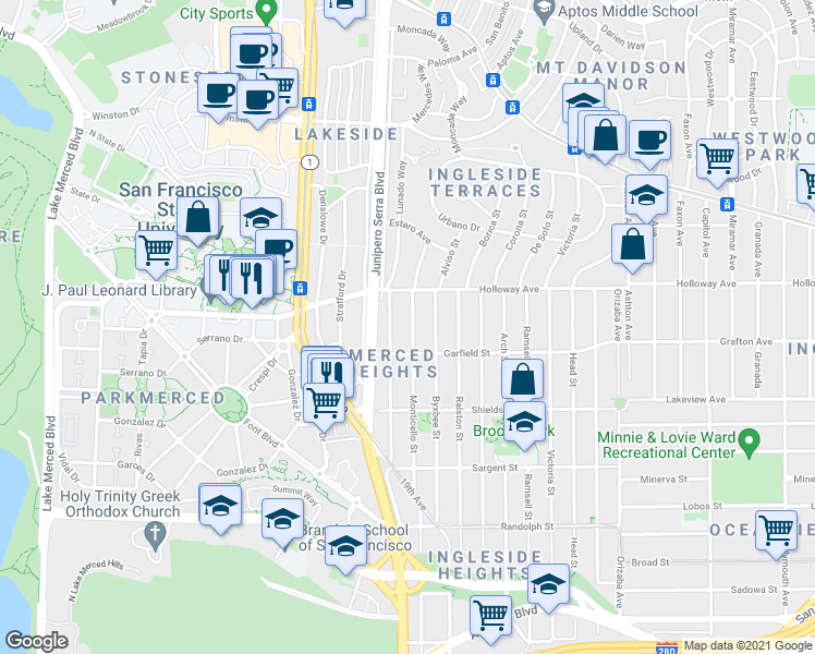 map of restaurants, bars, coffee shops, grocery stores, and more near 342 Monticello Street in San Francisco