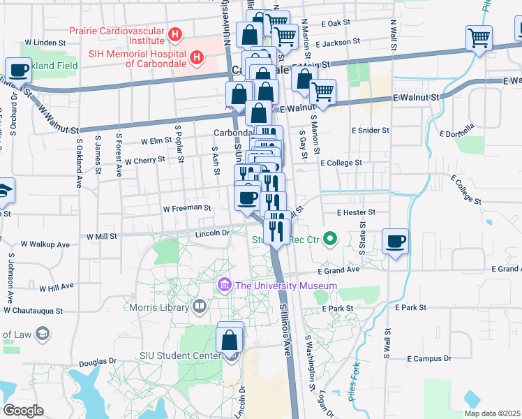 map of restaurants, bars, coffee shops, grocery stores, and more near 700 S Ill Avenue in Carbondale