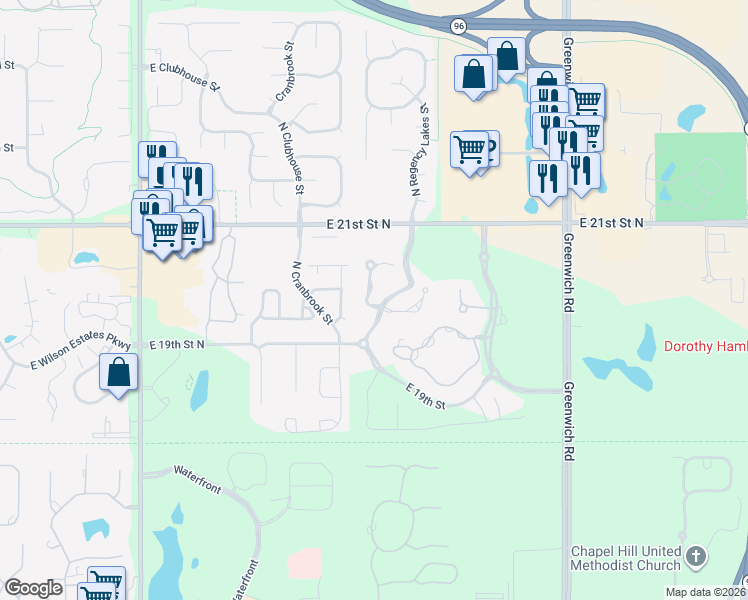 map of restaurants, bars, coffee shops, grocery stores, and more near Chateau Parkway North in Wichita