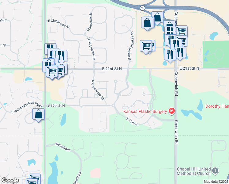 map of restaurants, bars, coffee shops, grocery stores, and more near Chateau Parkway North in Wichita