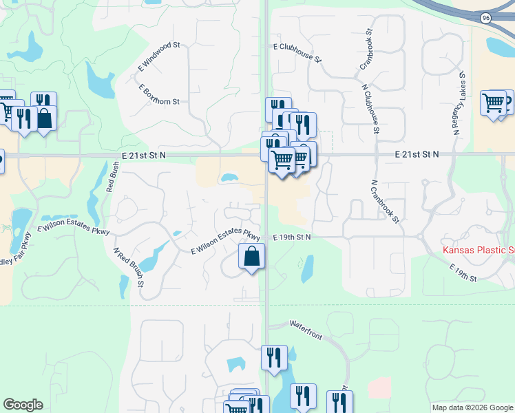 map of restaurants, bars, coffee shops, grocery stores, and more near 9400 East Wilson Estates Parkway in Wichita