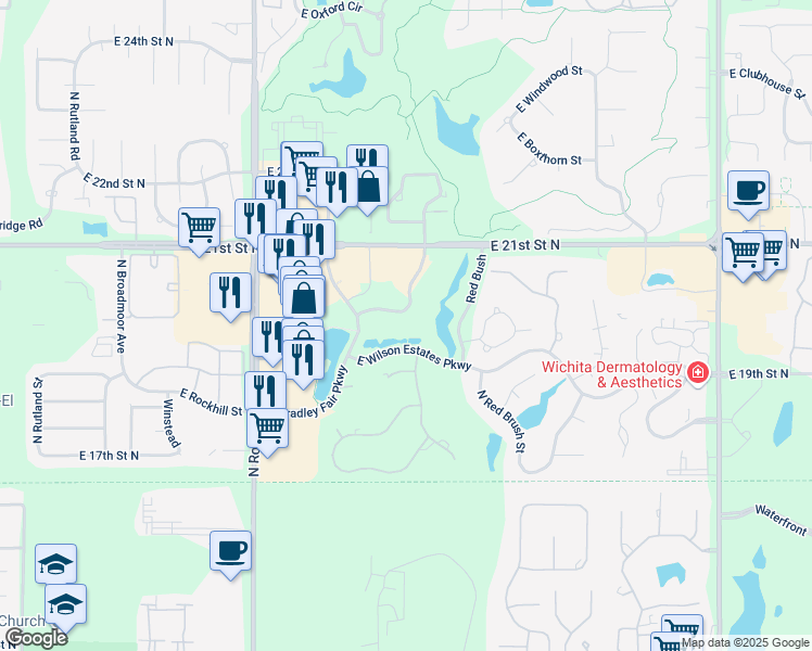 map of restaurants, bars, coffee shops, grocery stores, and more near 8535 East 21st St N in Wichita