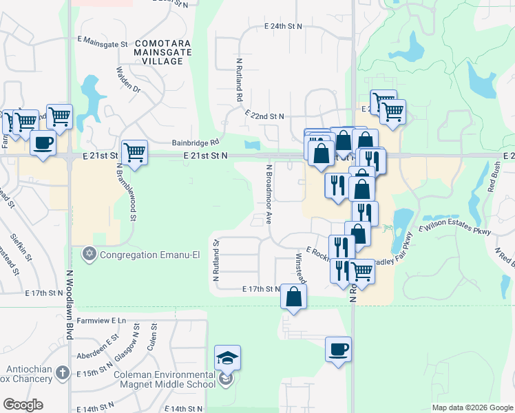 map of restaurants, bars, coffee shops, grocery stores, and more near 2025 North Broadmoor Avenue in Wichita