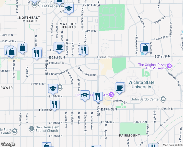 map of restaurants, bars, coffee shops, grocery stores, and more near 3028 East Maplewood Street in Wichita