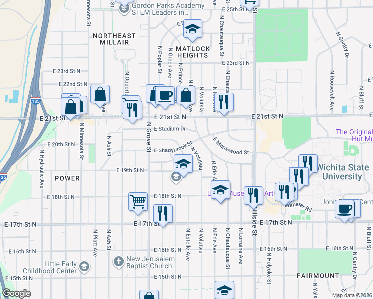 map of restaurants, bars, coffee shops, grocery stores, and more near 2605 East Shadybrook Street in Wichita