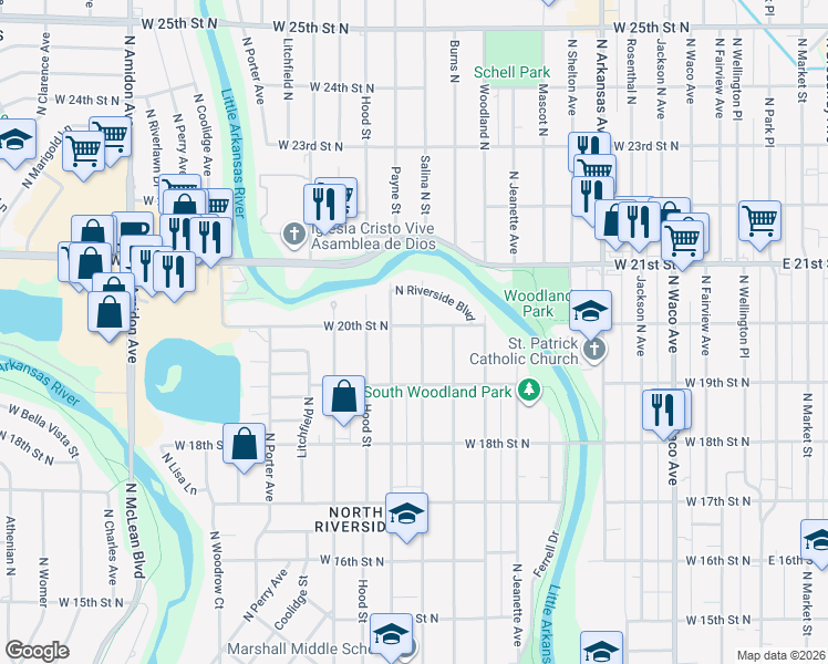 map of restaurants, bars, coffee shops, grocery stores, and more near 1023 West 20th Street North in Wichita