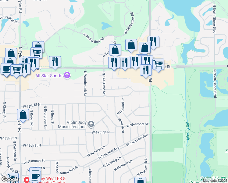 map of restaurants, bars, coffee shops, grocery stores, and more near 7615 W Barrington St in Wichita