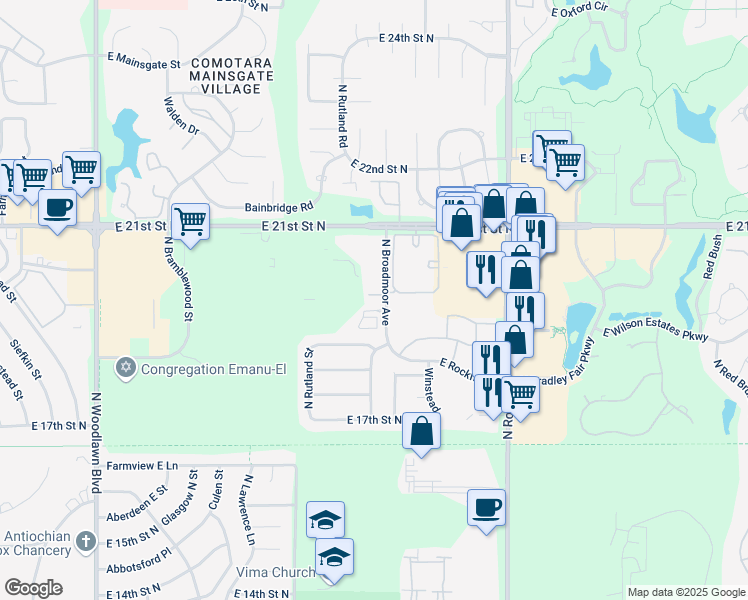 map of restaurants, bars, coffee shops, grocery stores, and more near 2025 North Broadmoor Avenue in Wichita