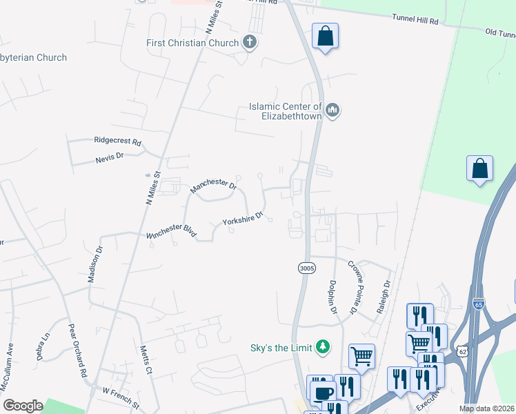 map of restaurants, bars, coffee shops, grocery stores, and more near 1517 Cs-1600 in Elizabethtown