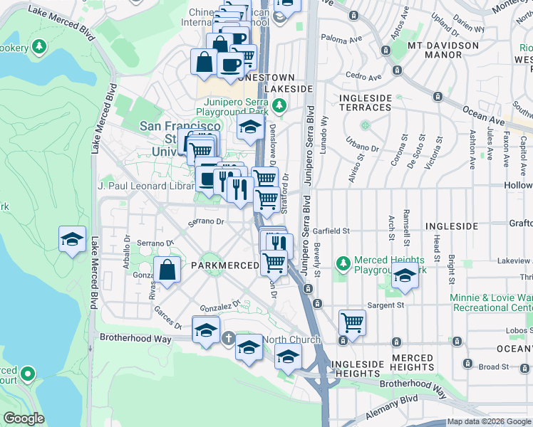 map of restaurants, bars, coffee shops, grocery stores, and more near 242 Denslowe Drive in San Francisco