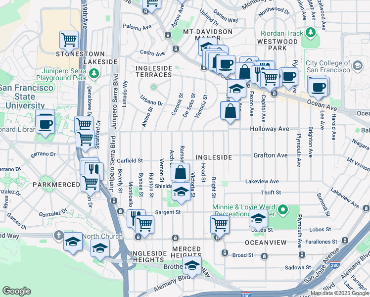map of restaurants, bars, coffee shops, grocery stores, and more near 540 Ramsell Street in San Francisco