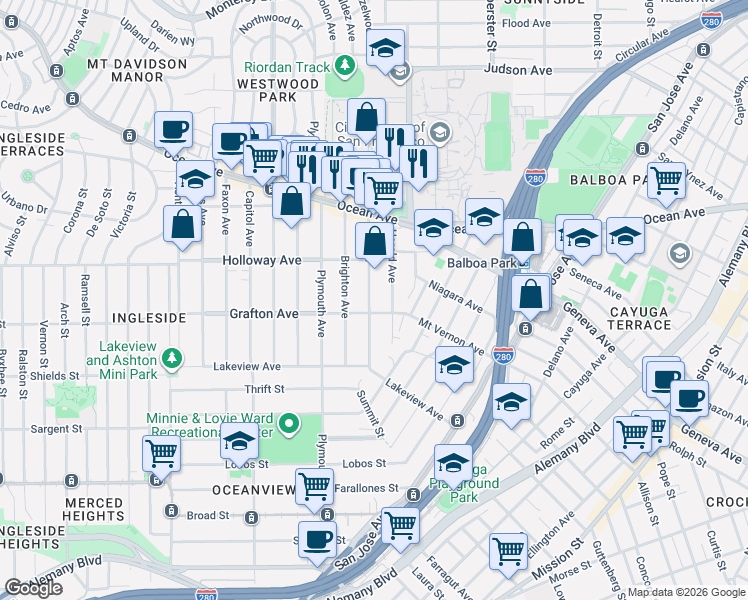 map of restaurants, bars, coffee shops, grocery stores, and more near 122 Lee Avenue in San Francisco
