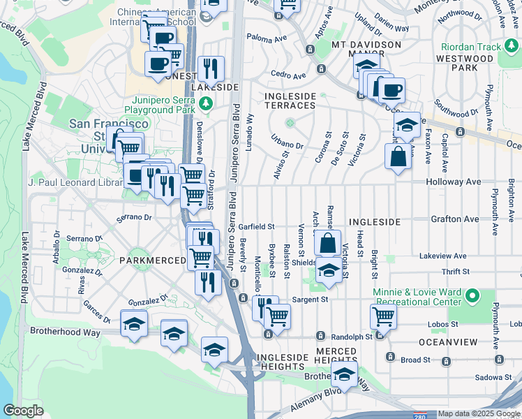 map of restaurants, bars, coffee shops, grocery stores, and more near 342 Monticello Street in San Francisco
