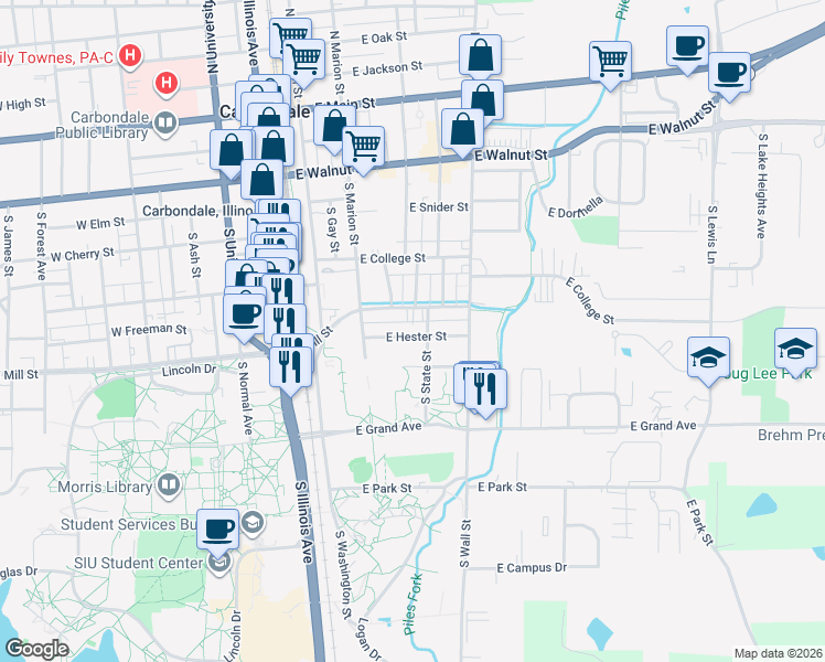 map of restaurants, bars, coffee shops, grocery stores, and more near 318 East Hester Street in Carbondale