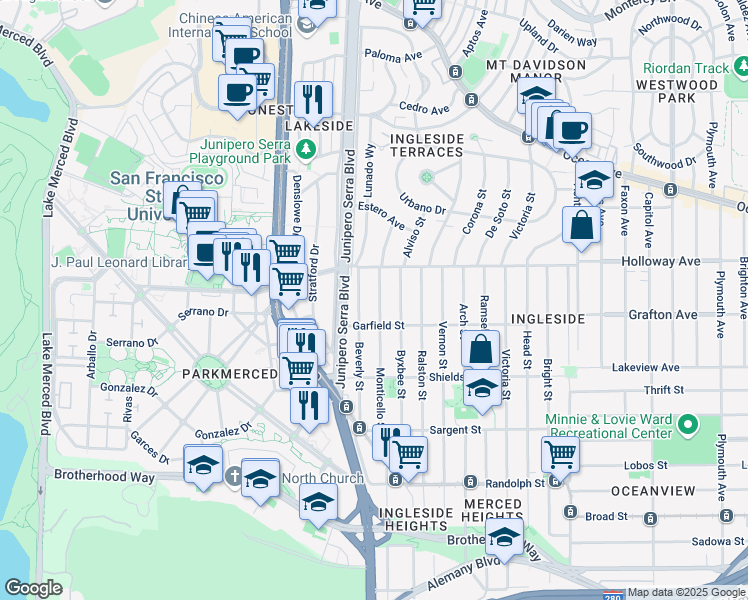 map of restaurants, bars, coffee shops, grocery stores, and more near 342 Monticello Street in San Francisco