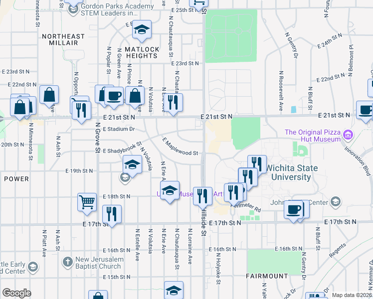 map of restaurants, bars, coffee shops, grocery stores, and more near 3028 East Maplewood Street in Wichita