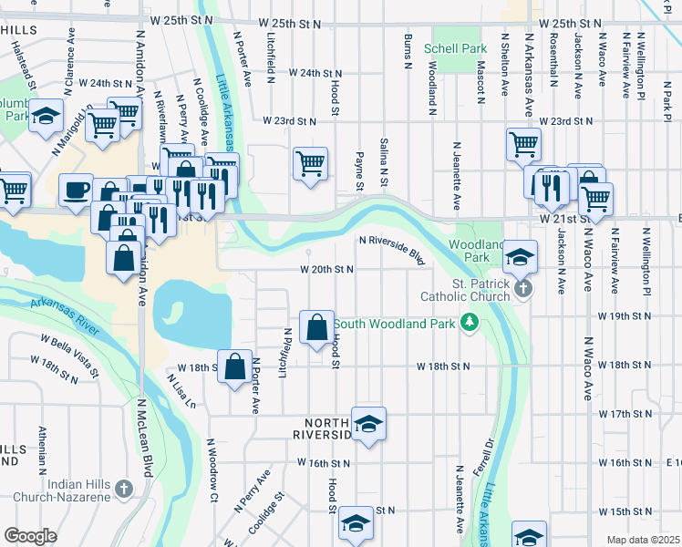 map of restaurants, bars, coffee shops, grocery stores, and more near 2056 North Hood Street in Wichita