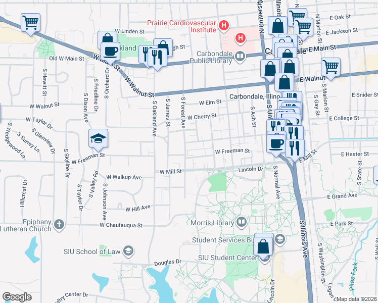 map of restaurants, bars, coffee shops, grocery stores, and more near 820 West Freeman Street in Carbondale