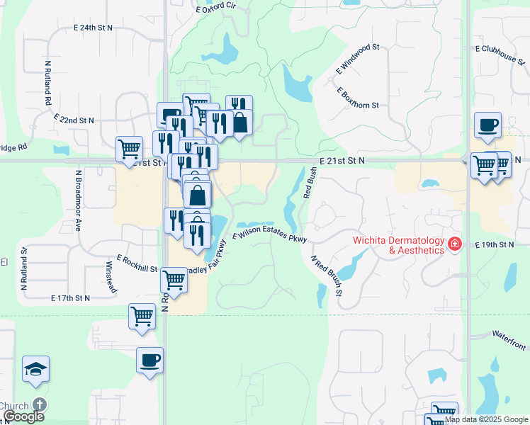 map of restaurants, bars, coffee shops, grocery stores, and more near 8535 East 21st Street North in Wichita
