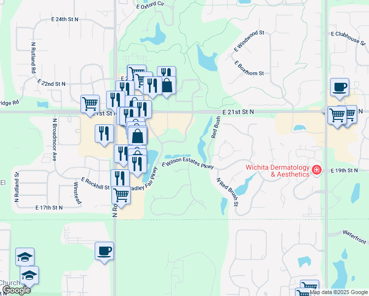 map of restaurants, bars, coffee shops, grocery stores, and more near 8535 East 21st Street North in Wichita