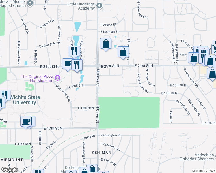 map of restaurants, bars, coffee shops, grocery stores, and more near 2046 North Oliver Street in Wichita