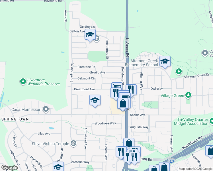 map of restaurants, bars, coffee shops, grocery stores, and more near 5833 Singing Hills Avenue in Livermore