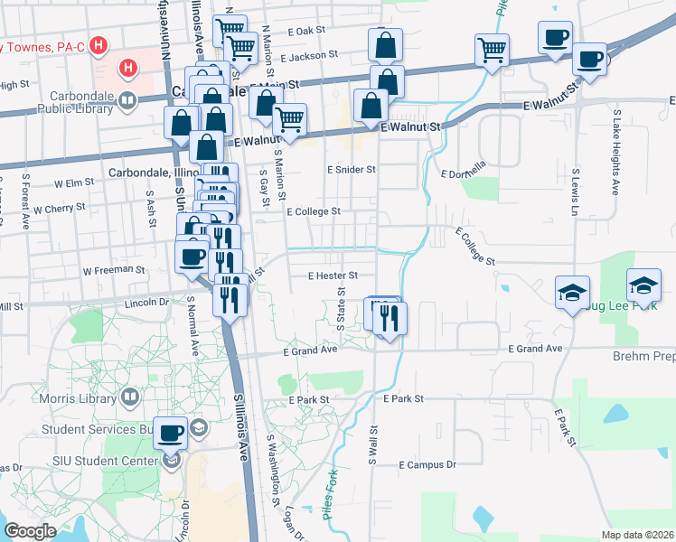 map of restaurants, bars, coffee shops, grocery stores, and more near 322 East Hester Street in Carbondale