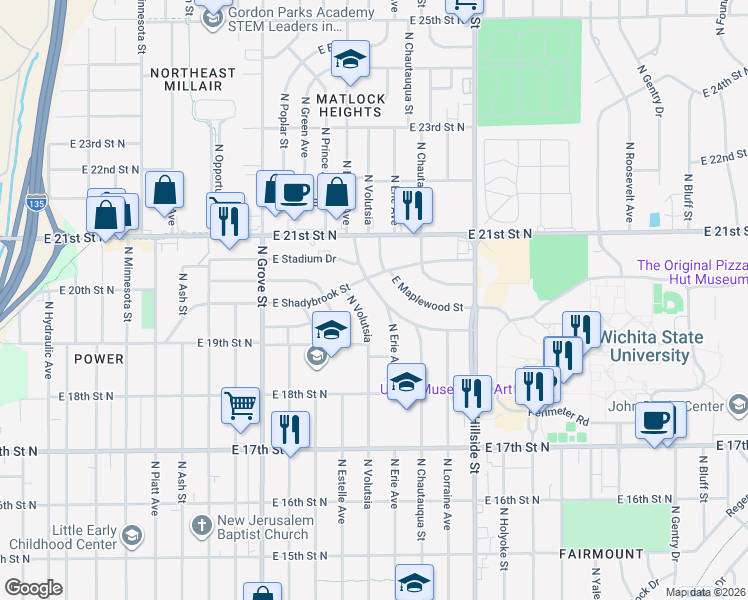 map of restaurants, bars, coffee shops, grocery stores, and more near 2819 East Stadium Drive in Wichita