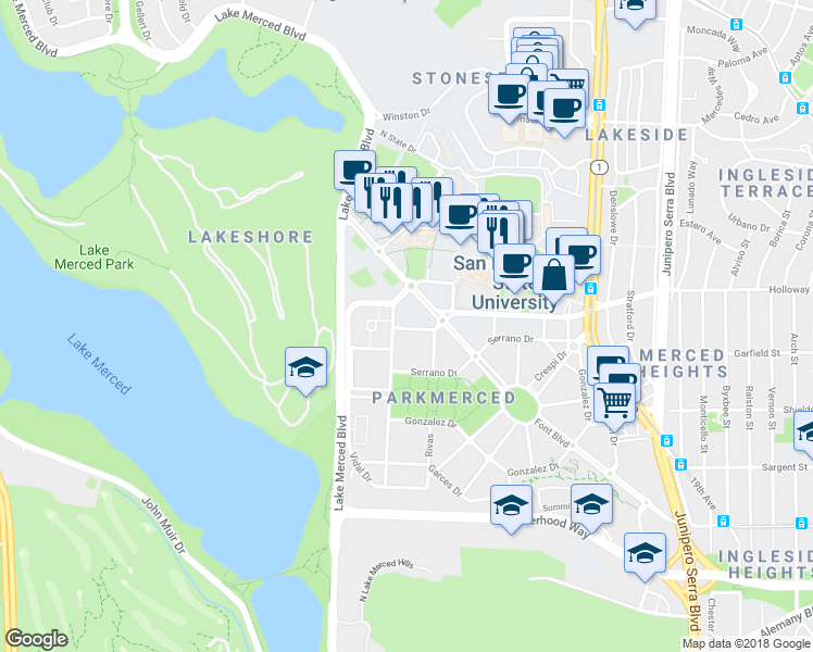 map of restaurants, bars, coffee shops, grocery stores, and more near 22 Pinto Avenue in San Francisco