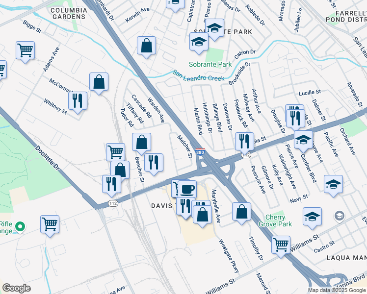 map of restaurants, bars, coffee shops, grocery stores, and more near 991 Melcher St in San Leandro