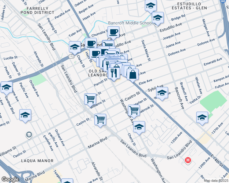 map of restaurants, bars, coffee shops, grocery stores, and more near 1775 Washington Ave in San Leandro