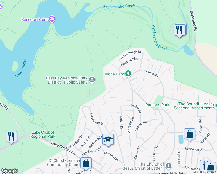 map of restaurants, bars, coffee shops, grocery stores, and more near 16994 Brierly Court in Castro Valley