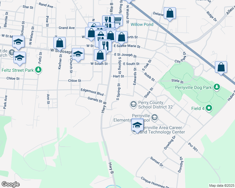 map of restaurants, bars, coffee shops, grocery stores, and more near 404 South Spring Street in Perryville