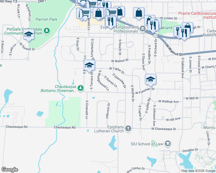 map of restaurants, bars, coffee shops, grocery stores, and more near 619 South Wedgewood Lane in Carbondale