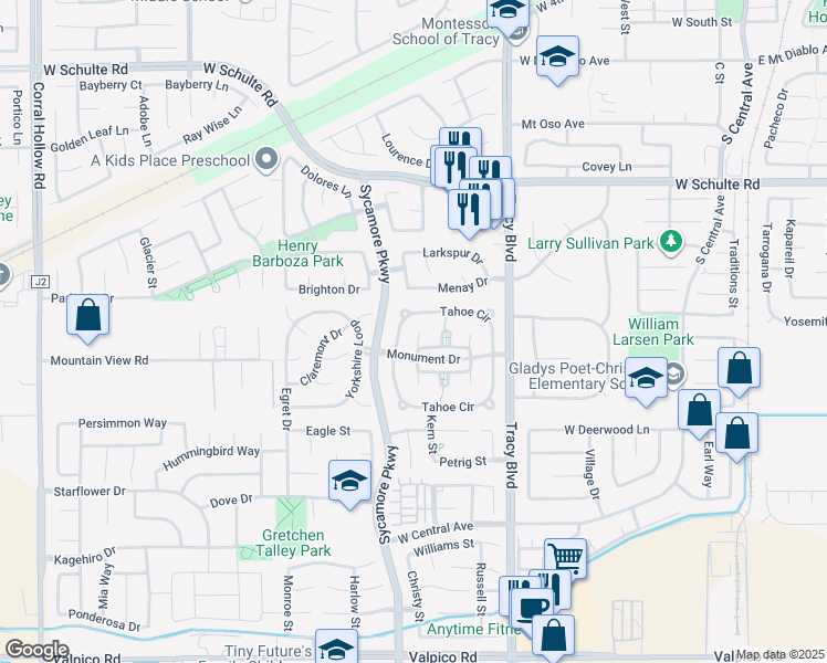 map of restaurants, bars, coffee shops, grocery stores, and more near 1455 Vintage Court in Tracy
