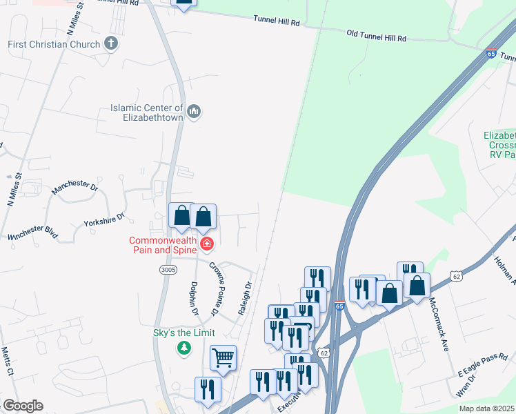 map of restaurants, bars, coffee shops, grocery stores, and more near 600 Crimson Creek Drive in Elizabethtown