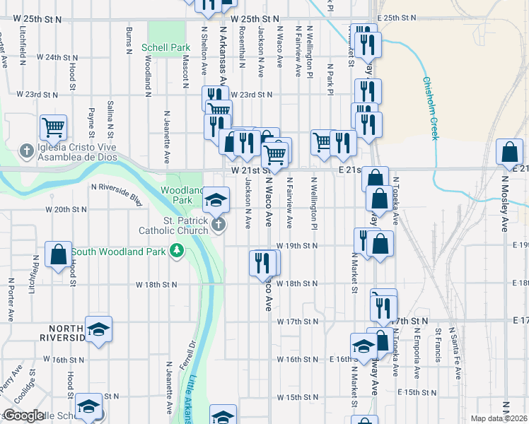 map of restaurants, bars, coffee shops, grocery stores, and more near 2057 North Waco Avenue in Wichita